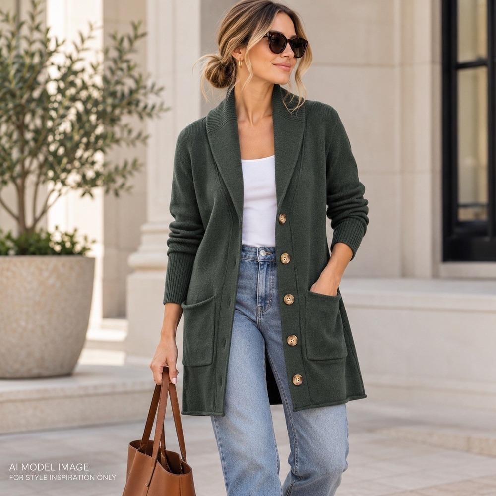 Eileen Fisher Cardigan Womens PM Green Organic Cotton Cashmere Long Sweater Cozy
